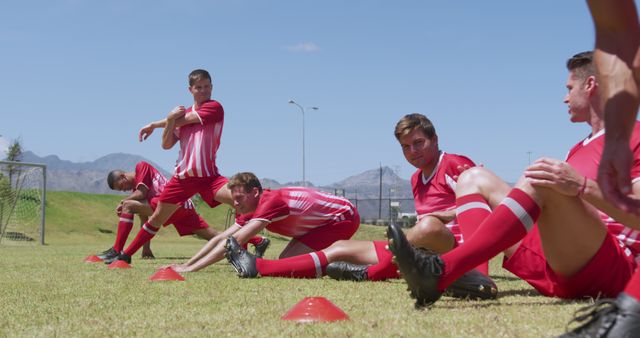 Group of soccer players in red uniforms stretching on a grassy field with cones. Ideal for depicting sports training, teamwork, athletic preparation, fitness routine, outdoor activities, and team sports. Great for use in blogs, articles, promotional materials related to soccer, fitness, and teamwork.