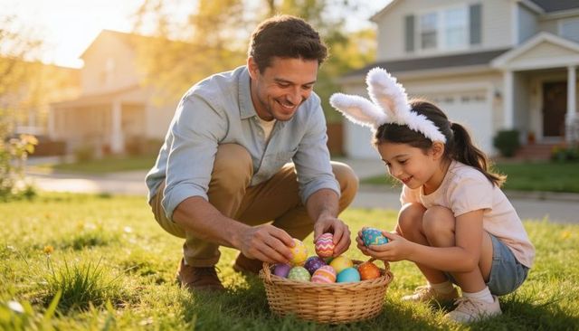 Dad and daughter hunting colorful easter eggs on sunlit suburban lawn at golden hour