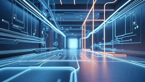 Futuristic cyber corridor with glowing neon circuitry