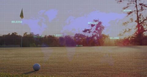 Golf Ball on Course with Futuristic Map and Coordinate Overlay