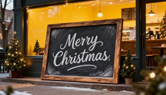 Framed Chalkboard Saying Merry Christmas Outside Cozy Cafe with Twinkling Lights