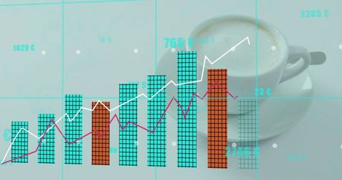 Tiled bar chart dashboard overlaying coffee cup workspace showing rising analytics trends