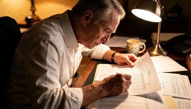 Senior executive reviewing financial spreadsheets by desk lamp for budget planning