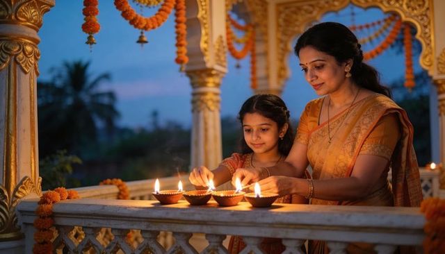 Indian mother and daughter lighting clay diyas on ornate veranda at dusk for diwali ritual