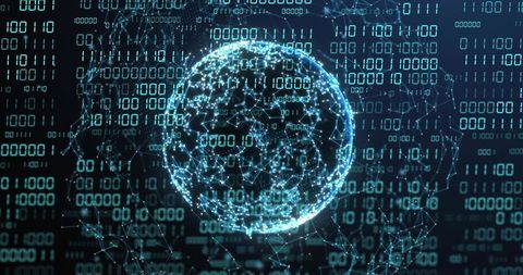 Glowing Wireframe Globe Streaming Binary Code for Futuristic Global Cyber Network