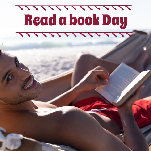 Caucasian man relaxing on hammock at the beach while reading a book. Perfect for promotions related to summer holidays, relaxation, leisure activities, and reading campaigns such as Read a Book Day. Can be used in advertisements, social media posts, blog articles, or posters encouraging relaxation and reading.