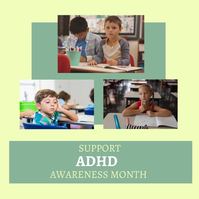 Composition of adhd awareness month text over diverse schoolchildren learning. Global education and adhd awareness month concept digitally generated image.
