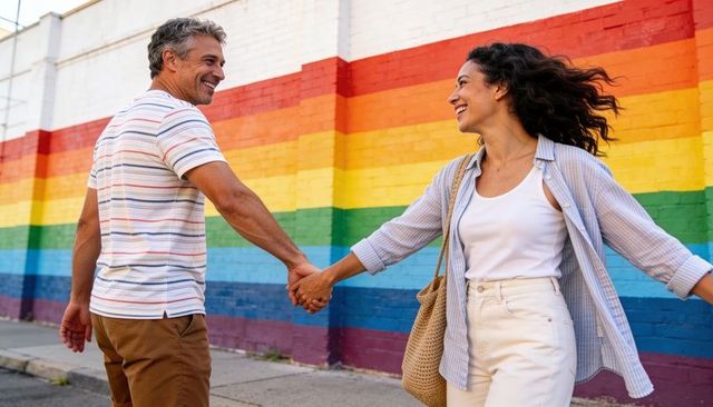 Mature couple walking hand in hand beside rainbow mural, smiling on urban stroll
