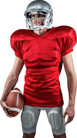 Transparent american football player in red gear holding ball