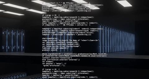 Digital data code overlay on server room background