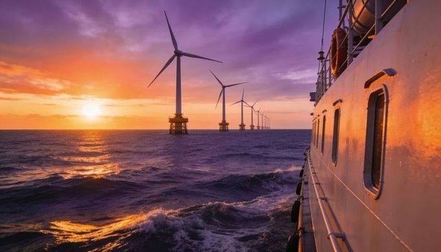 Crew vessel passing offshore wind turbine array at sunset with golden reflections