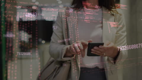 Businesswoman Using Smartphone with Floating Digital Data Display