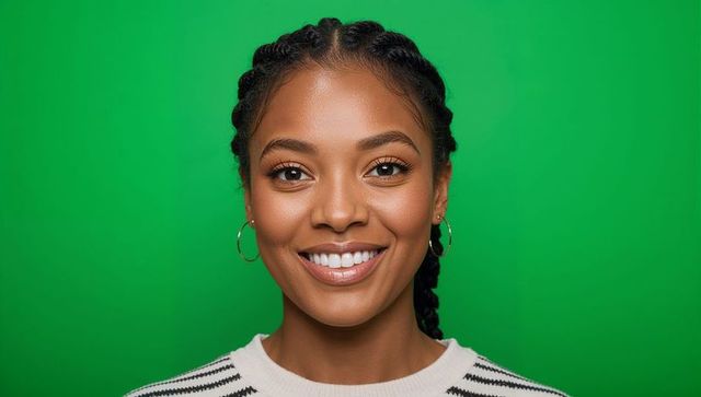 Smiling woman with braided hair, cream sweater and gold hoop earrings on green background