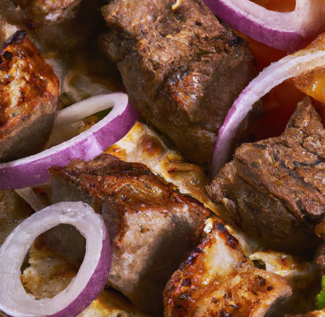 Close up of kebab meat with red onion. Food, traditional dish, fresh and health concept.