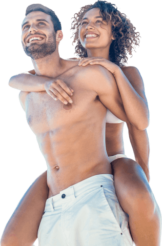 Biracial Couple Enjoying Piggyback Ride on Transparent Background