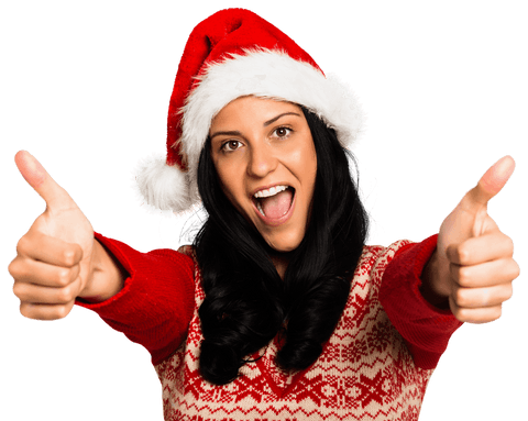 Smiling Woman in Santa Hat Giving Thumbs Up on Transparent Background