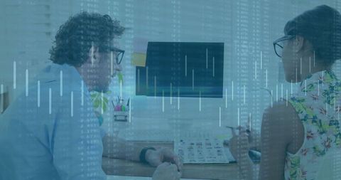 Two Colleagues Collaborating with Digital Data Overlay