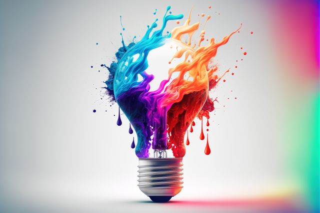 Image of lightbulb with colourful stains on white background, created using generative ai technology. Lightbulb, creative and pattern concept, digitally generated image.