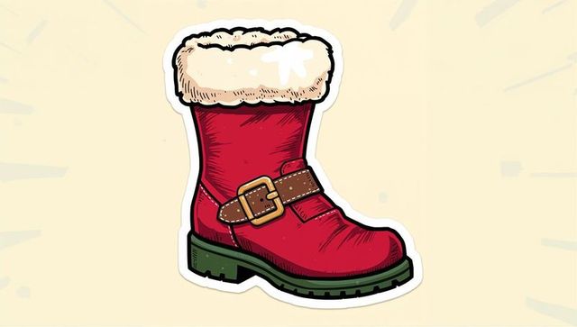 Red holiday fur-trimmed boot featuring buckle and rugged green sole