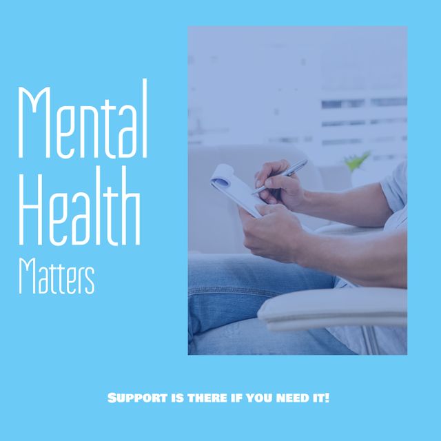 Digital composite image of caucasian man writing on notepad with mental health matters text. Copy space, mental health education, awareness, advocacy against social stigma, support.