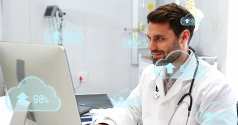 Male Doctor Working with Cloud Health Data Dashboard at Modern Clinic Workstation
