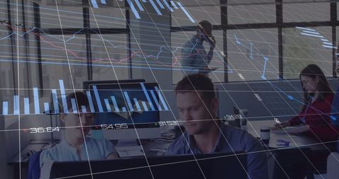 Financial Data Overlay on Focused Coworkers in Office - Download Free Stock Images Pikwizard.com