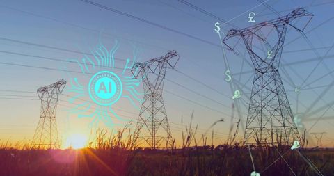AI in Energy Sector Illustrated Over Power Lines at Sunset - Download Free Stock Images Pikwizard.com