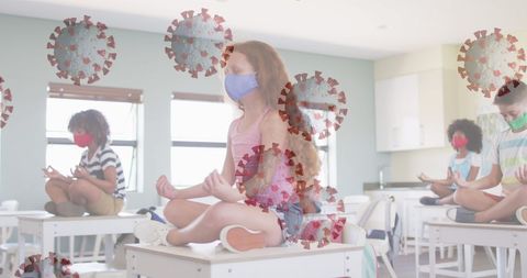 Students meditating in class amidst covid-19 symbolism