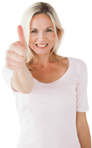 Happy Blonde Woman Giving Thumbs Up with a Cheerful Smile Transparent