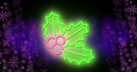 Festive Neon Christmas Holly Art with Winter Backdrop