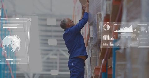 Warehouse Worker Examining Box with AR Data Analytics