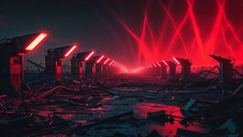 Glowing red panels in apocalyptic abandoned industrial corridor