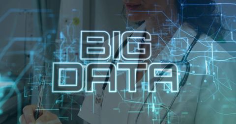 Big Data Hologram Overlay Showing Healthcare Analytics While Doctor Writing Patient Notes