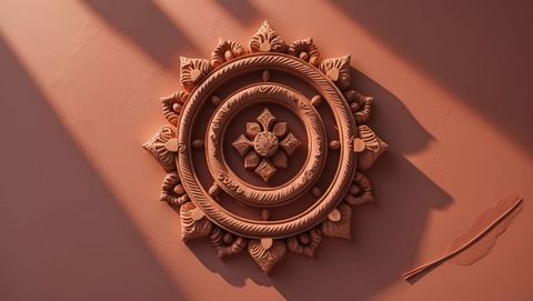 Terracotta relief with floral and feather motif under soft lighting