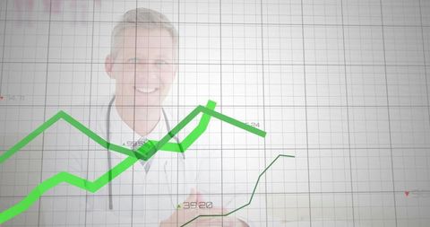 Doctor Analyzing Digital Health Data with Green Graphs in Office