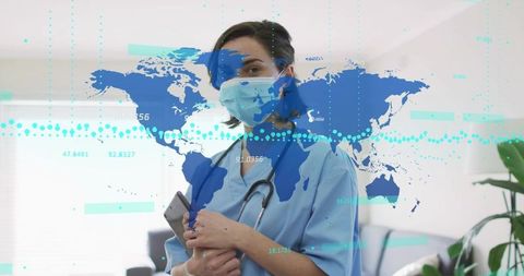 Nurse wearing mask and scrubs holding tablet and phone with global data overlay