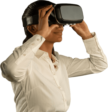 Transparent woman engaging with virtual reality headset