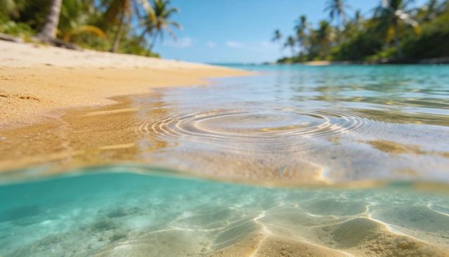 Turquoise shallow lagoon with gentle ripples over sunlit sandy seabed and palm-fringed shoreline