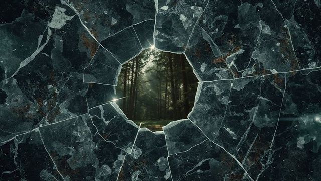 Cracked glass revealing vast misty pine forest