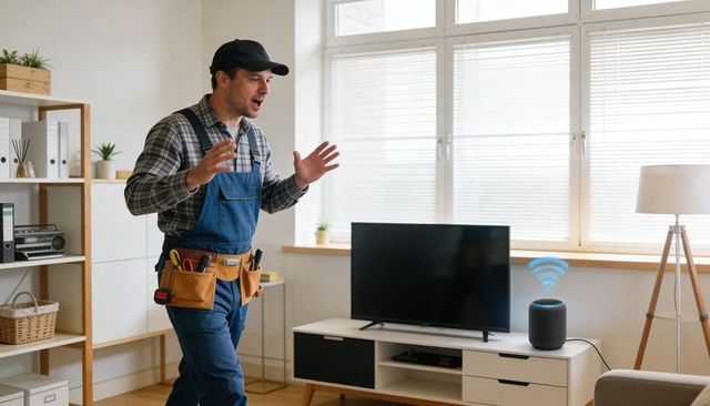 Home technician testing smart speaker and tv setup in living room for voice assistant