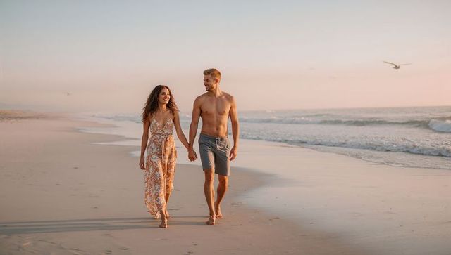 Couple walking hand in hand at sunset on sandy beach with gentle waves