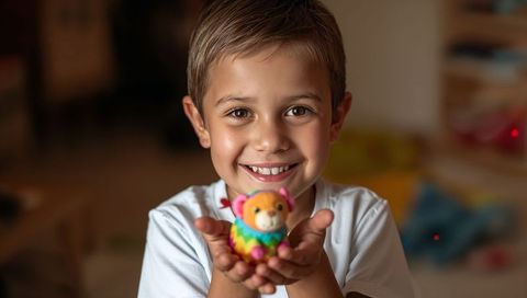 Smiling boy presenting rainbow plush bear in cozy bedroom with warm lighting