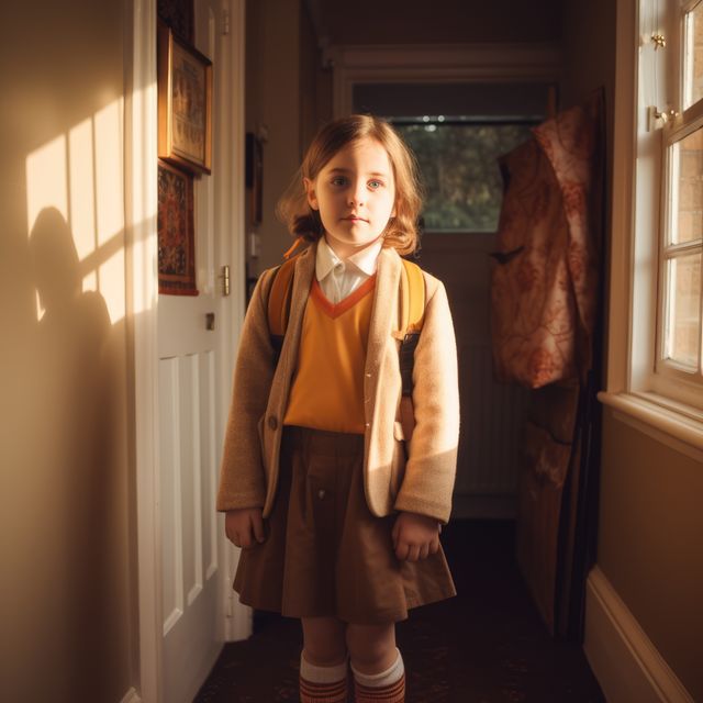 Young girl standing in hallway in the morning, ready for school with backpack and uniform. Sunlight filtering through window creates a warm atmosphere. Suitable for themes of education, childhood, morning routines, and school preparation.