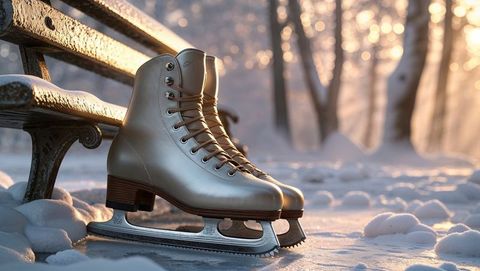 Leather figure skates on frost with golden ice skating wintry glow