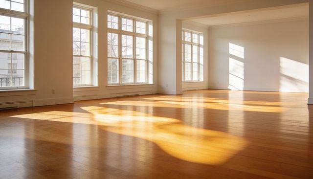 Sunlight bathing empty loft with hardwood floors and white-framed windows
