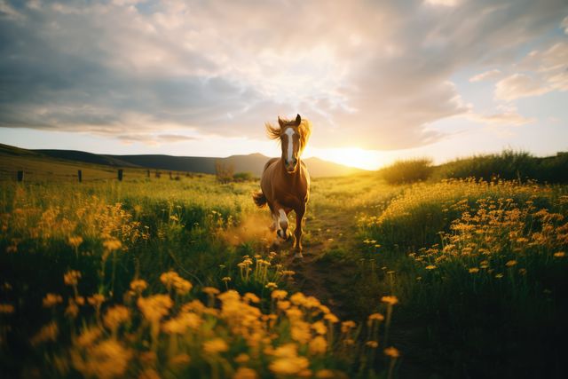 Brown horse running through a lush meadow with wildflowers at sunset, captured with warm golden light illuminating the landscape. This image evokes feelings of freedom, nature's beauty, and tranquility. Ideal for use in nature-themed presentations, equestrian promotions, outdoor lifestyle blogs, environmental campaigns, and posters celebrating natural beauty.