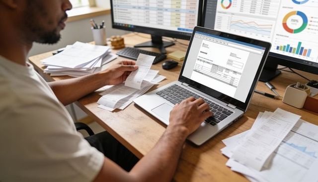 Man sorting receipts and typing on laptop for bookkeeping and invoicing workflows