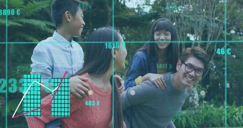 Playful family giving piggyback rides in park with teal data overlay and greenery