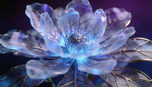 Opalescent glasslike flower emitting blue light with metallic veins for futuristic decor