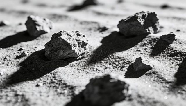 High-contrast black and white macro of rough rocks casting long shadows on sandy surface